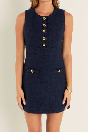 Gold Button Pointed Tweed Dress Navy