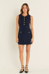 Gold Button Pointed Tweed Dress Navy