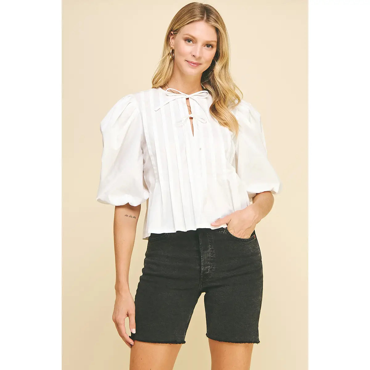 Puff Sleeve Tie Front Top Off White