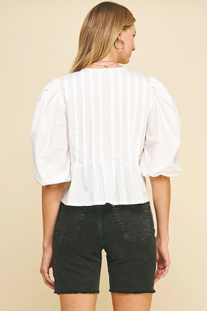 Puff Sleeve Tie Front Top Off White