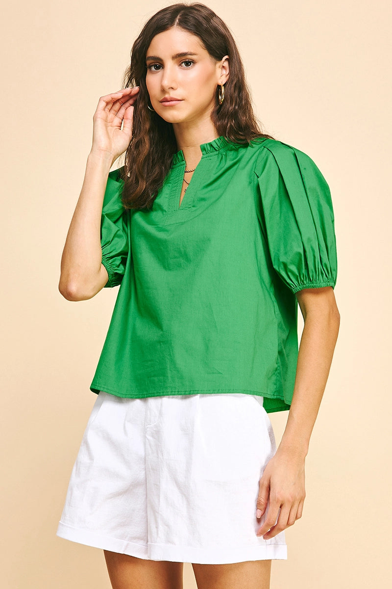 SS Vneck Woven Top Fresh Green