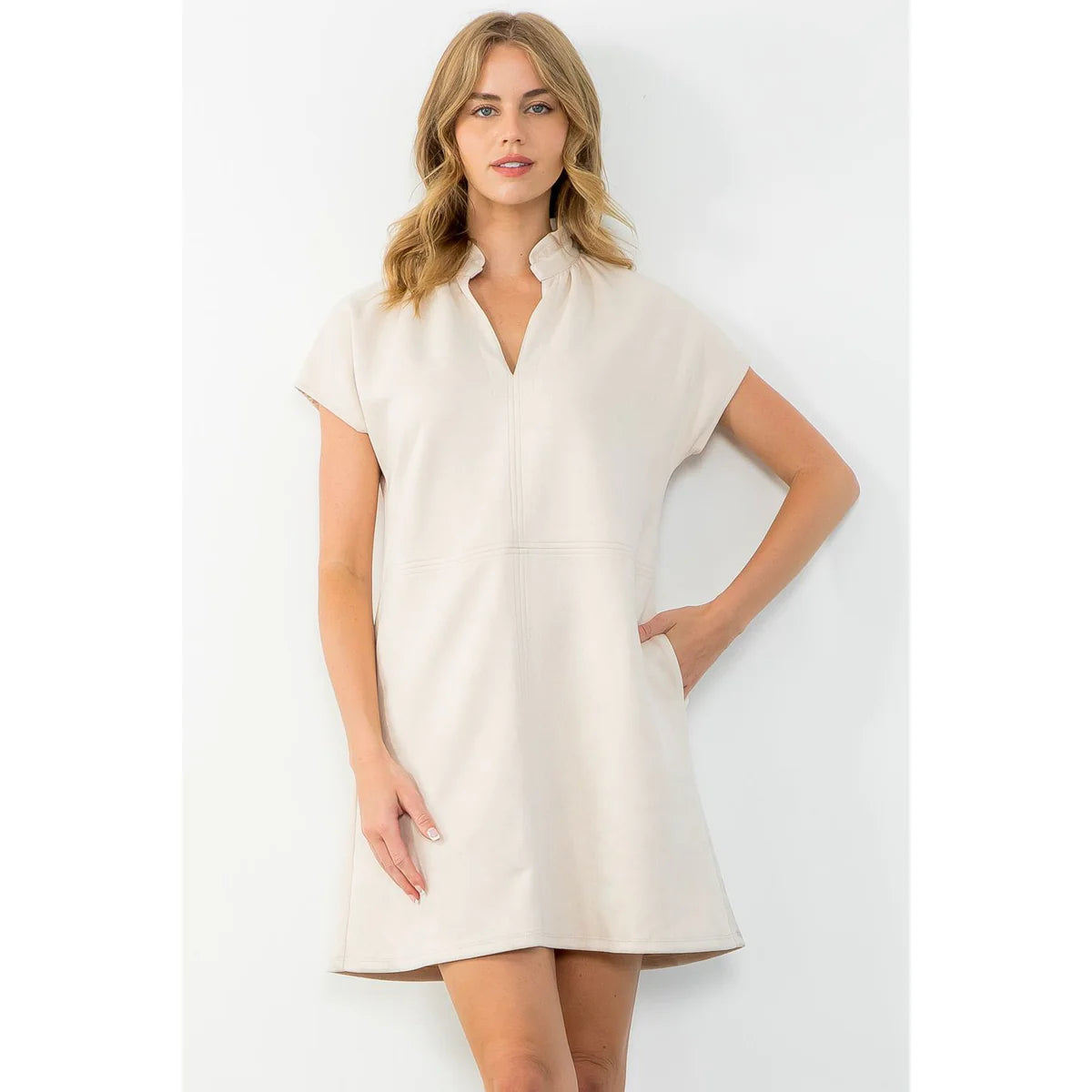 Short Sleeve Suede Dress Cream