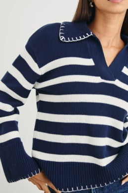 Athena Collared Sweater Navy Ivory Stripe