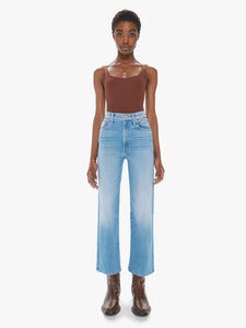 Not from around here. High-waisted jeans with a wide straight leg, zip fly and clean ankle-length inseam. Cut from stretch denim, County Line is a light blue wash with fading and whiskering throughout.  11 1/4" Rise 27 1/2" Inseam 17 3/4" Leg Opening