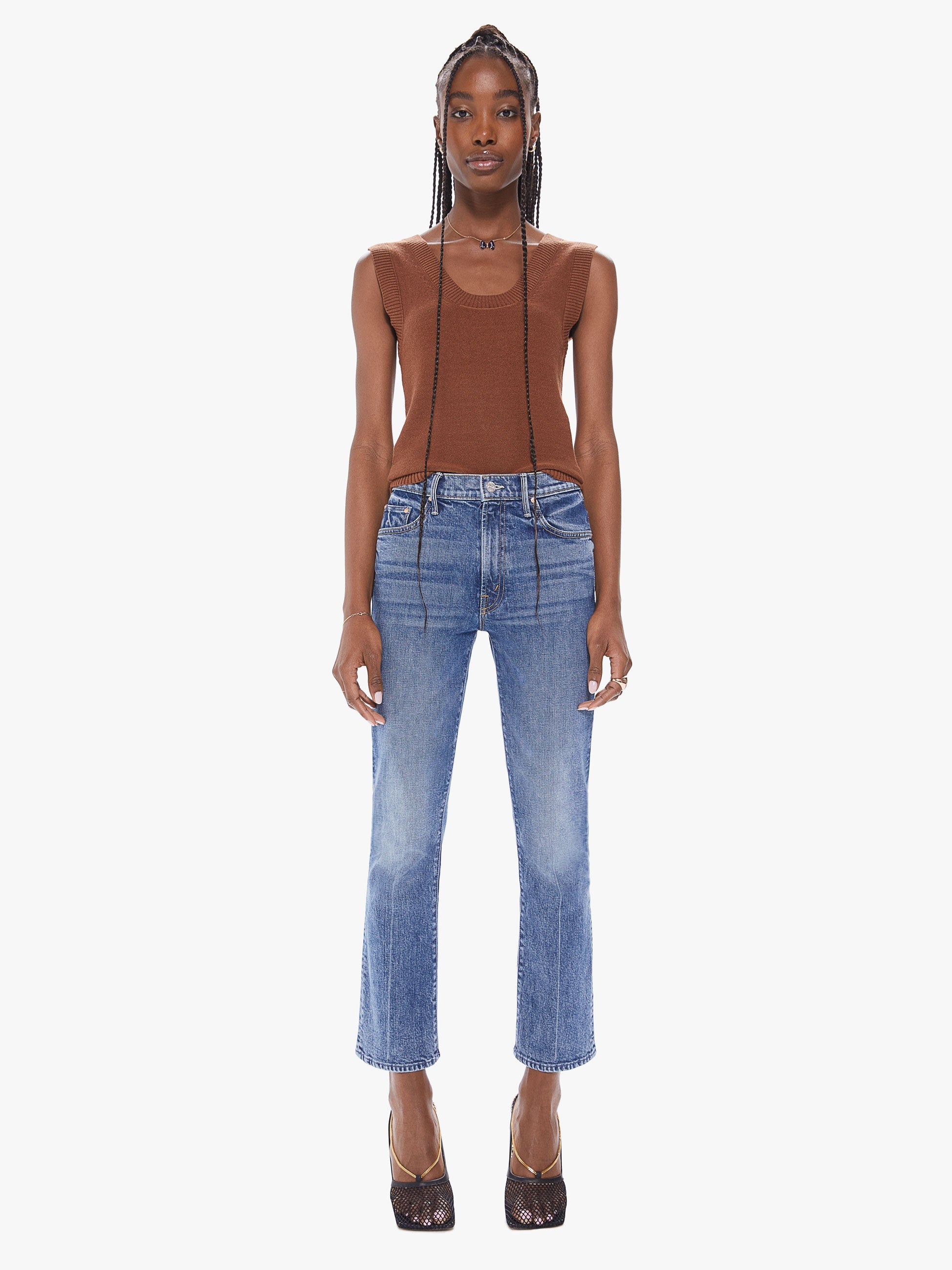 Tripping out. This iconic high-waisted bootcut is cropped at the ankle with a clean hem. Cut from semi-rigid SUPERIOR denim, Destination Unknown is a mid-blue wash with whiskering and fading throughout. Not lost, just wandering.